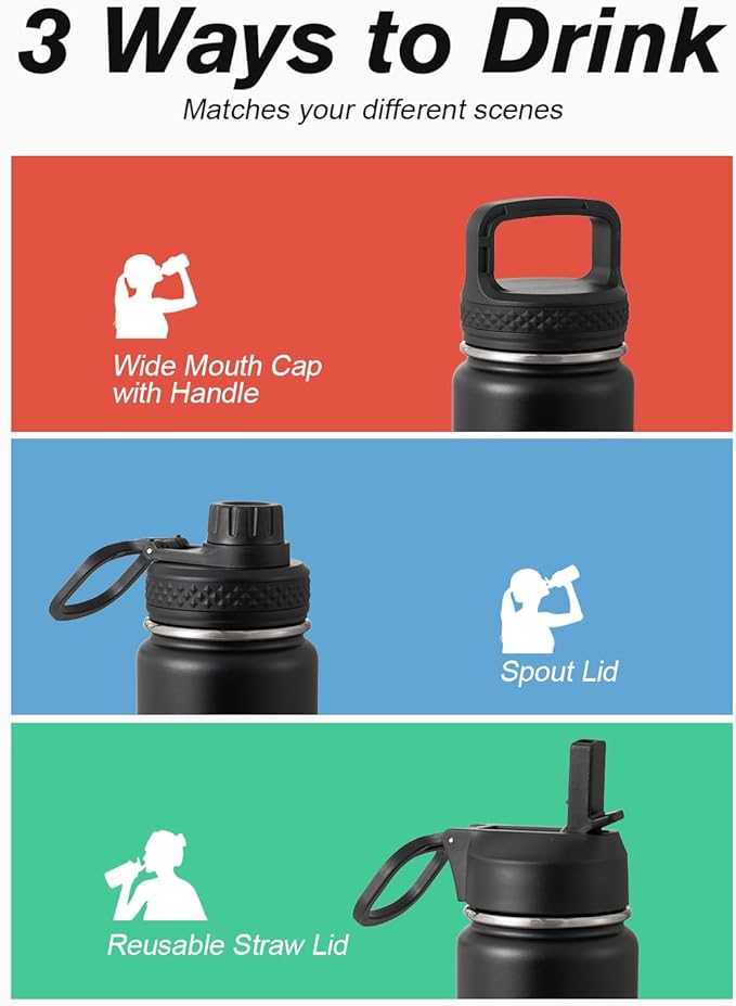 Coolflask Water Bottle 24 oz Insulated with Straw, Stainless Steel Metal 3 Lids Water Flask Wide Mouth for Sports or Office, Non-BPA Keep Cold Up to 48 Hrs or Hot Up to 24 Hrs, Piano Night