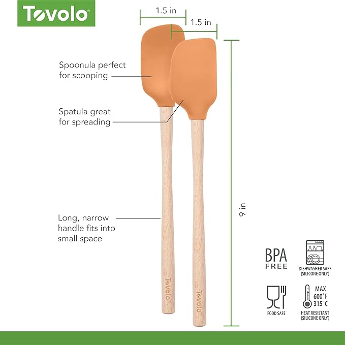 Tovolo Mini Spoon Spatula Wooden Handle Set for Cooking and Baking, Heat Resistant Safe for Cast Iron BPA Free Silicone Mixing Tool Natural Wood Perfect for Scraper Mixing Spooning, Apricot Orange