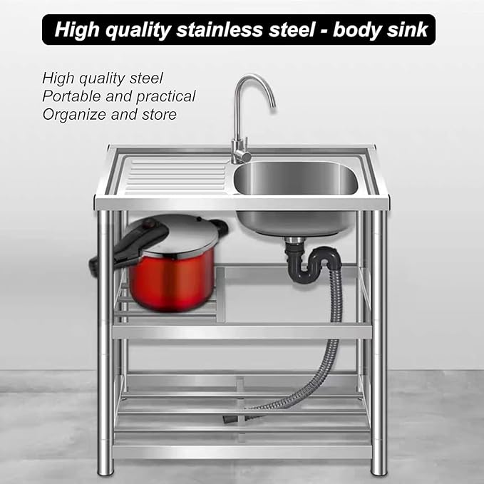 Single Bowl Stainless Steel Sink,Commercial Restaurant Kitchen Sink Drainer Kitchen Restaurant Storage Shelf with Faucet Combo with Strainer for Laundry Garage Commercial Indoor Outdoor