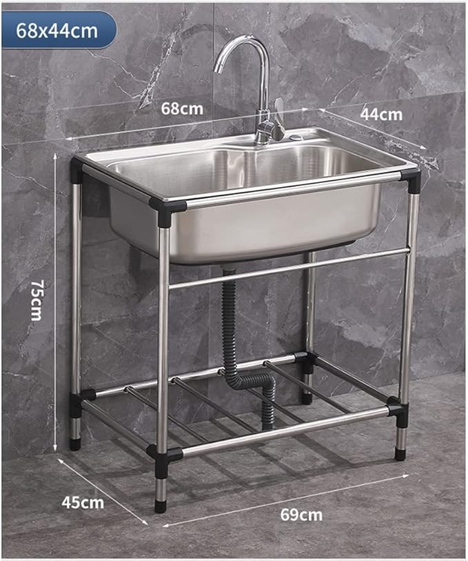 Free Standing Stainless Steel Single Bowl Sink with Faucet, Prep & Utility Washing Hand Basin W/Storage Shelves (Restaurant, Kitchen, Laundry, Garage) (Color : Silver, Size : 68x44cm) (Silver 68x