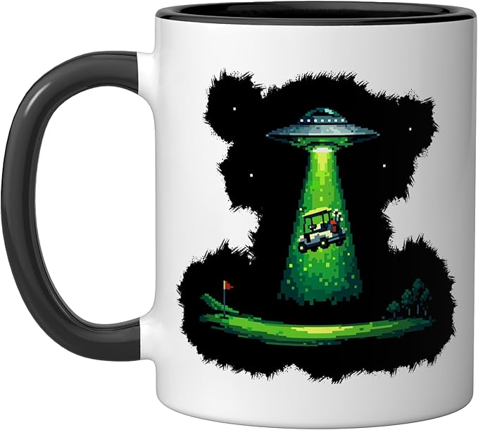 Retro Pixel Art UFO Abducting Golf Cart Funny Alien Golfing Ceramic Mug, Black/White