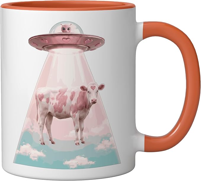 Funy Pink Heart Cow Alien Abduction UFO Space Nerd Ceramic Mug, Orange/White