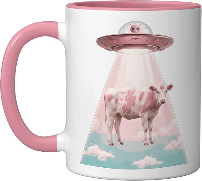 Funy Pink Heart Cow Alien Abduction UFO Space Nerd Ceramic Mug, Pink/White