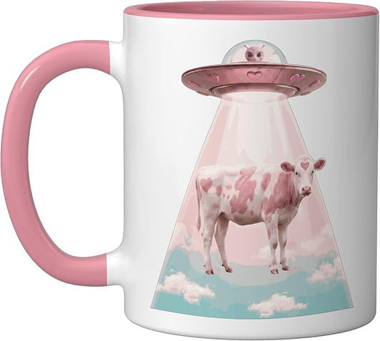 Funy Pink Heart Cow Alien Abduction UFO Space Nerd Ceramic Mug, Pink/White