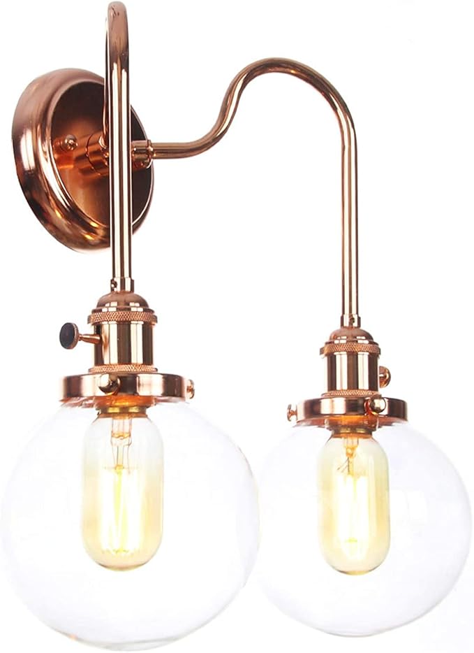 Wall Lamps with Switch, 2-Lights Rose Gold Bathroom Vanity Lights Wall Mounted Lighting Clear Glass Lampshade Wall Sconces(Color:D)