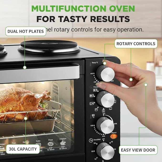 NutriChef 30 Quart Kitchen Convection Oven & 2 Burner Cooker - 1500 Watt Oven - 7 Cook Functions Rotisserie, Cook, Bake, Broil & More - Includes Baking Tray, Skewers & Handles - 19.6 x 16.0 x 13.5 IN