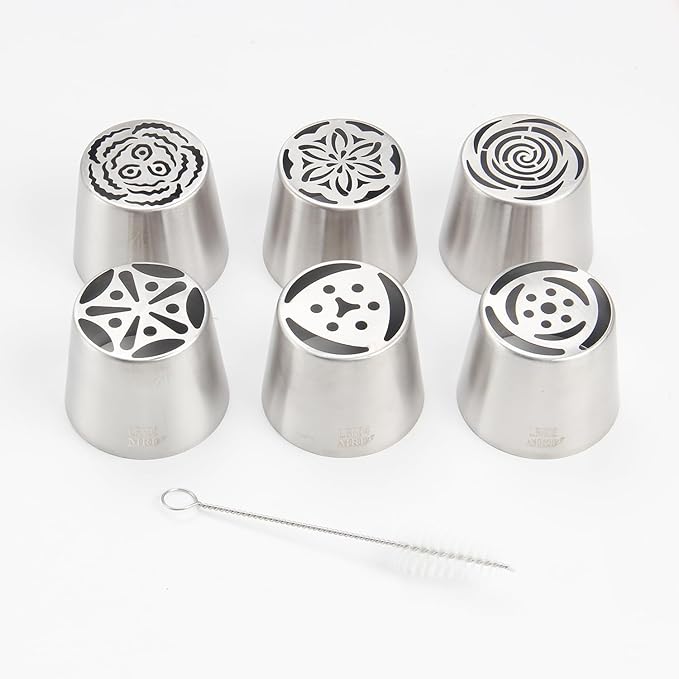 Extra Large Russian Piping Tip Set - 6 Stainless Steel Marshmallow Buttercream Framing Nozzles for 3D Roses Tulip Cake Decorations and Marshmallow Bouquets, Includes 1 Cleaning Brush(6D)