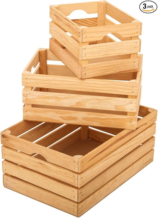 VINTAYARD Rustic Wood Crates for vintage decorative display, Nesting Crate set for storage and farmhouse style decor, wooden boxes made from 100% Wood (Natural Pine, Nested Set of 3)