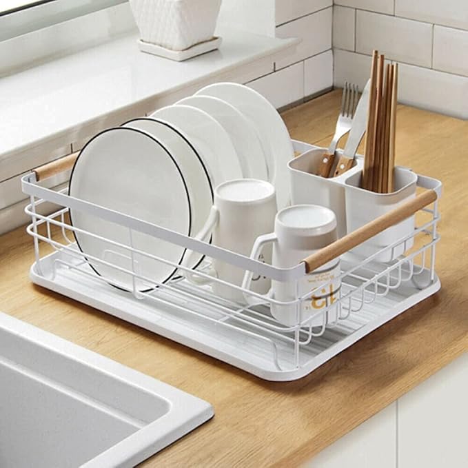Modern Metal Wire Dish Drainer Kitchen Bowl Plate Holder Rack with Wooden Handle