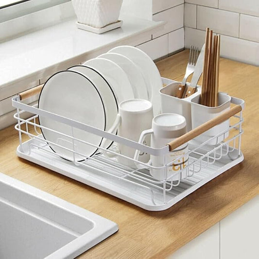 Modern Metal Wire Dish Drainer Kitchen Bowl Plate Holder Rack with Wooden Handle