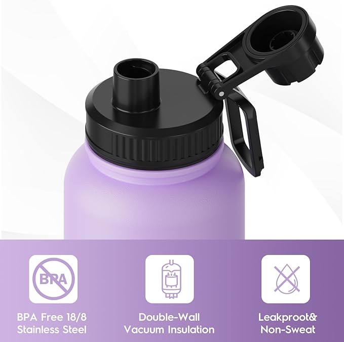 Navigate 32 oz Stainless Steel Insulated Water Bottle,Double Walled Leak Proof Keep Cold for 24 Hrs Hot for 12 Hrs,Wide Mouth Water Jug with Spout & Handle Lids,Purple