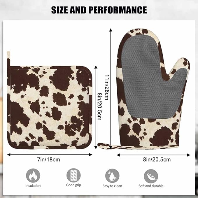 Mxocom Brwon Cowhide Oven Mitts and Pot Holders Sets Cow Skin Vintage Big Cow Bull Fur Animal Silicone Heat Resistant Kitchen Oven Gloves Pot Holder for Cooking