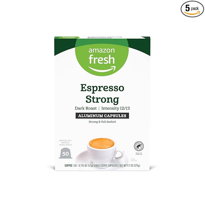 Amazon Fresh Espresso Strong Dark Roast Aluminum Capsules, Compatible with Nespresso Original Brewers, Intensity 12/13, 50 Count (5 Packs of 10)