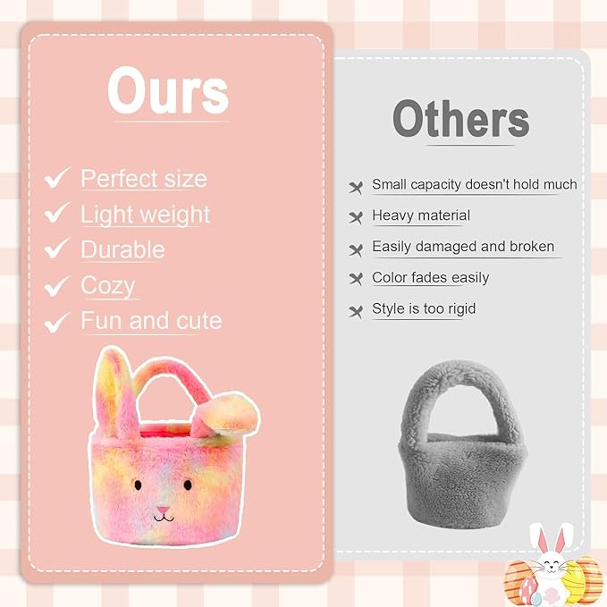 Easter Baskets for Kids,Plush Egg Hunting Easter Buckets with Handle Folded Ears, Gifts Boys Girls
