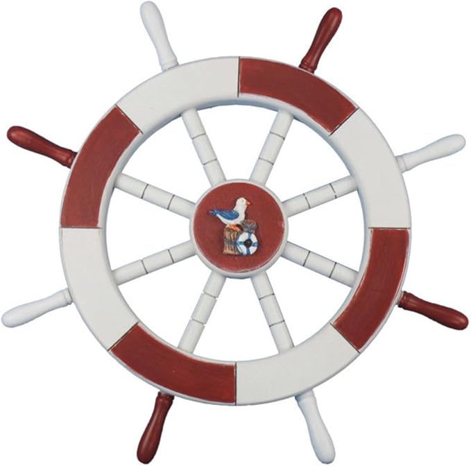 Hampton Nautical Red & White Decorative Ship Wheel with Seagull & Lifering 18"