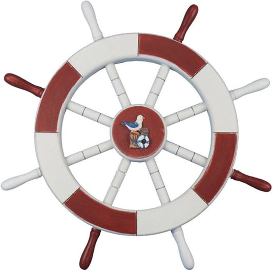 Hampton Nautical Red & White Decorative Ship Wheel with Seagull & Lifering 18"