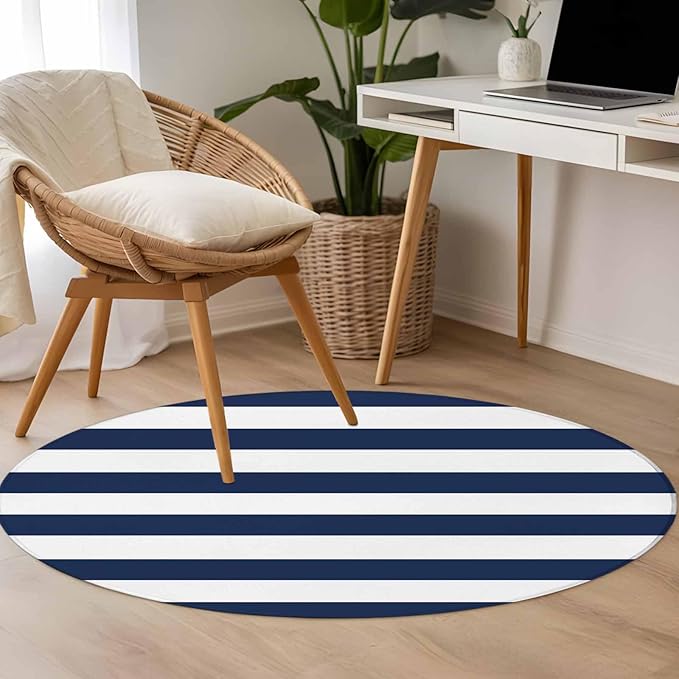 Washable Round Area Rug Nautical Black and White Stripes Circle Rugs Floor Carpet for Living Room Bedroom, Striped Soft Non Slip Round Rug 4ft