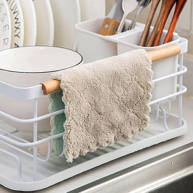 Modern Metal Wire Dish Drainer Kitchen Bowl Plate Holder Rack with Wooden Handle
