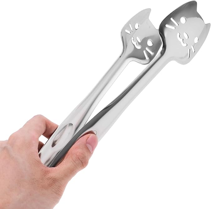jojofuny Stainless Steel Kitchen Tongs Cat Face Design Metal Food Clips Small Buffet Serving Tongs for Cooking Baking and Dessert