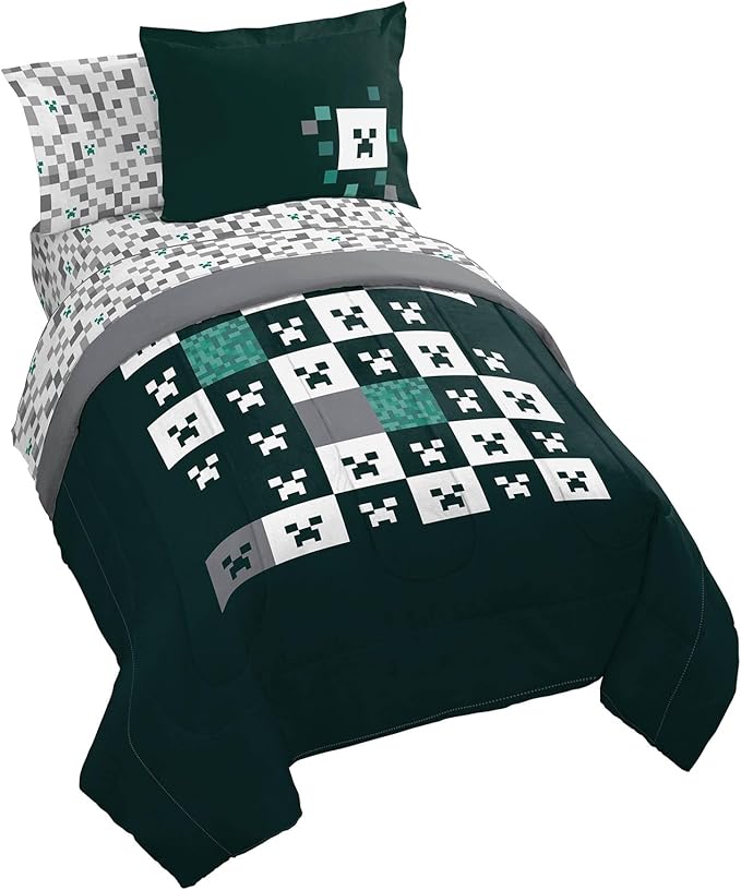 Jay Franco Minecraft Creeper Twin Comforter Set - 5 Piece Gamer Bedding Includes Sheet Set & Pillow Covers - Super Soft Checkered Bedding