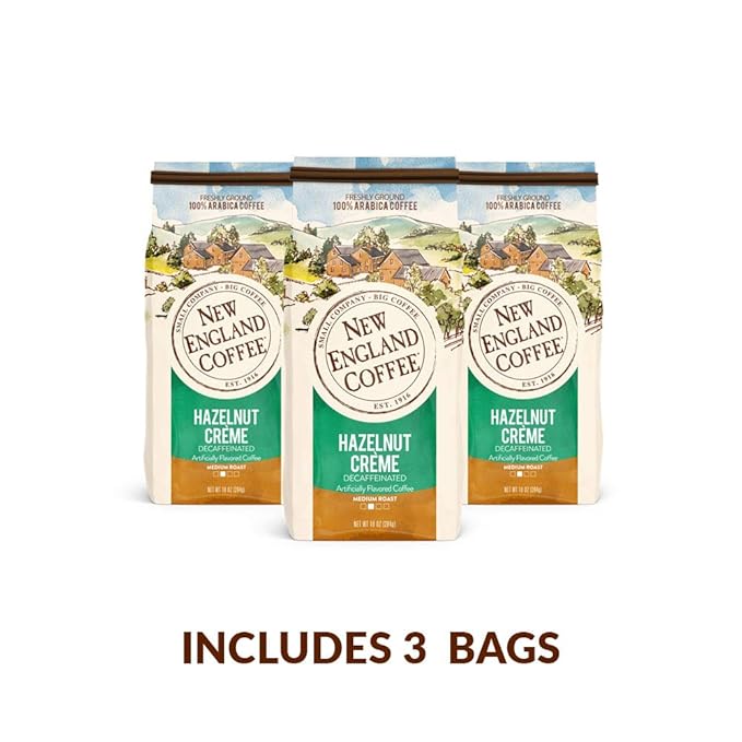 New England Coffee Hazelnut Creme Decaffeinated Medium Roast Ground Coffee, 10oz Bag (Pack of 3)