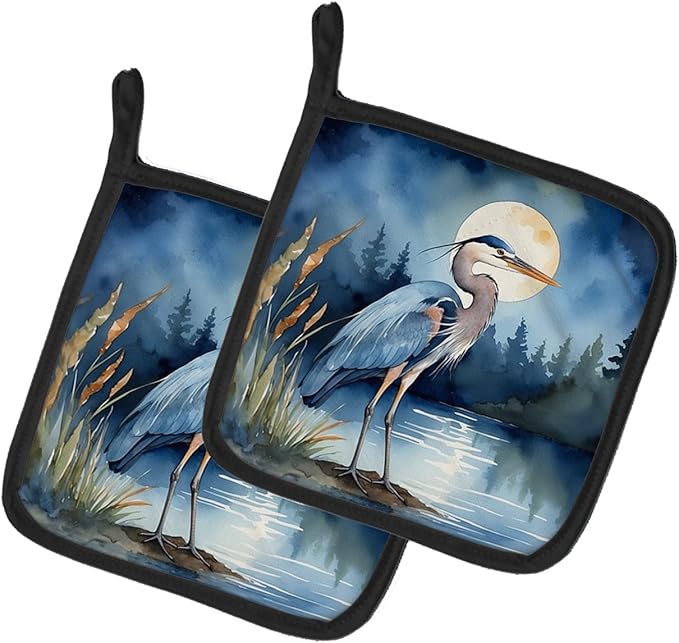 Caroline's Treasures Blue Heron Under The Moonlight Pair of Pot Holders Kitchen Heat Resistant Pot Holders Sets Oven Hot Pads for Cooking Baking BBQ, 7 1/2 x 7 1/2