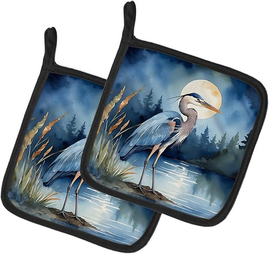 Caroline's Treasures Blue Heron Under The Moonlight Pair of Pot Holders Kitchen Heat Resistant Pot Holders Sets Oven Hot Pads for Cooking Baking BBQ, 7 1/2 x 7 1/2