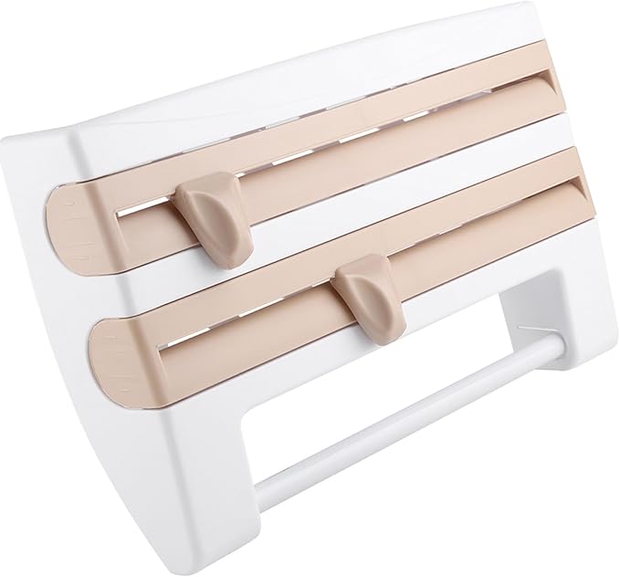 Wall - Mounted Kitchen Cling Film and Foil Storage Rack with Built - In Cutter, Paper Towel Holder, Aluminum Foil Dispenser for Home Cooking Organization (Khaki)