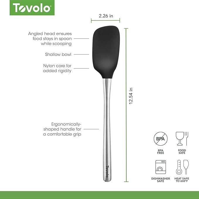 Tovolo Spoon Spatula Spoonula with Stainless Steel Handle Ergonomic Grip Black, Silicone Scoopula Kitchen Utensil Non Scratch Easy Clean Dishwasher Safe Heat Resistant Flex Core Scoop Spatula