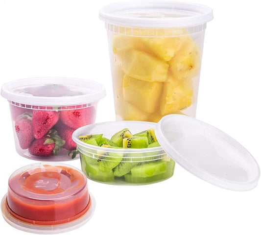 TashiBox 24 Sets Plastic Deli Food Containers With Lids, 8 oz 16oz 32oz, 8 sets each, Airtight Food Storage Containers, Freezer/Dishwasher/Microwave Safe, Soup Containers For Takeout Food Storage