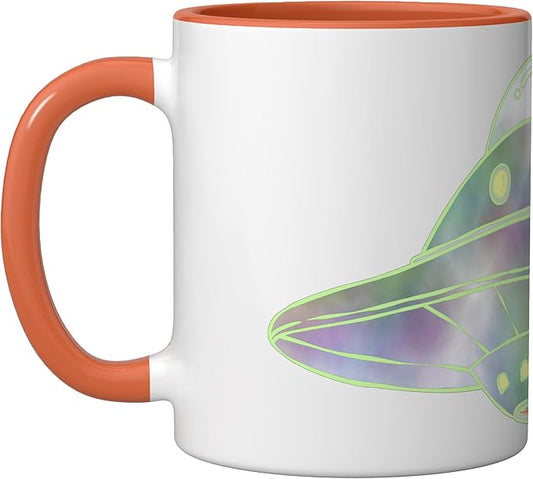 UFO UAP Flying Saucer Alien Spaceship Ceramic Mug, Orange/White