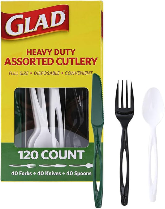 Glad Disposable Cutlery Set with Heavy Duty Plastic Forks, Knives, and Spoons, Reusable Dishwasher Safe Plastic Utensils for Parties and Everyday Use - Green, White, & Black, 120 Count