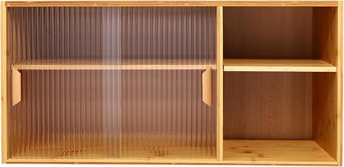 Countertop Kitchen Pantry Cabinet,Bamboo Wall Sideboard with Sliding Glass Doors,Pantry Cabinet for Kitchen, Living Room,Dinning,Bedroom,Log Color,31.5" W