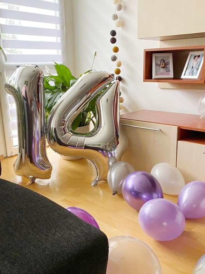 14 Balloon Numbers, Happy 14th Birthday Decorations for Girls Boys, 40 In 41st Silver Balloons for Engagement, Wedding, Celebration Party, Graduations, Photo Shoot