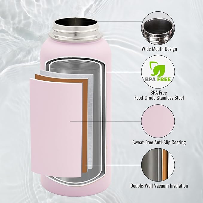 Fijinhom 32 oz Insulated Water Bottle with Handle, 304 Stainless Steel Water Bottles with Wide Mouth, Double Wall Vacuum Sports Water Bottle, BPA Free, Keep Cold and Hot, Pink