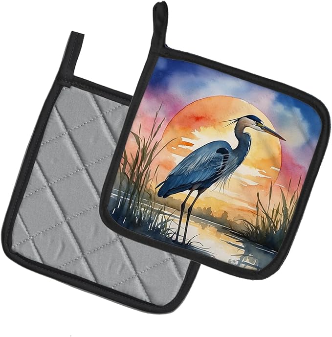 Caroline's Treasures Blue Heron Setting Sun Pair of Pot Holders Kitchen Heat Resistant Pot Holders Sets Oven Hot Pads for Cooking Baking BBQ, 7 1/2 x 7 1/2