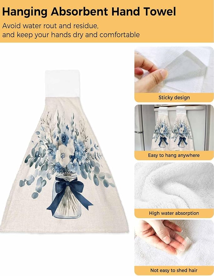 Alandar Home Kitchen Tie Towel Set of 1, Blue Eucalyptus Leaves Vase on Linen Absorbent Soft Hand Towels for Bathroom Hanging Towels, Spring Flower Leaf Fast Drying Cleaning Cloth with Loop