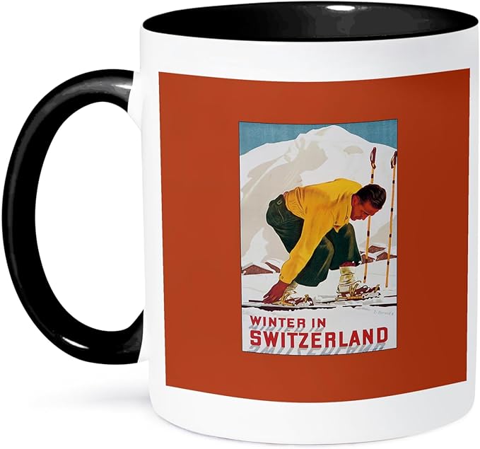 3dRose Winter in Switzerland Man Putting on his Skis Luggage Label 11oz Two-Tone Black Mug