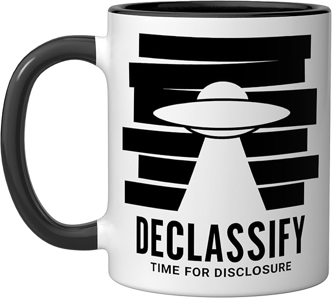UFO Declassify Disclosure Government Secrets Flying Saucer Ceramic Mug, Black/White