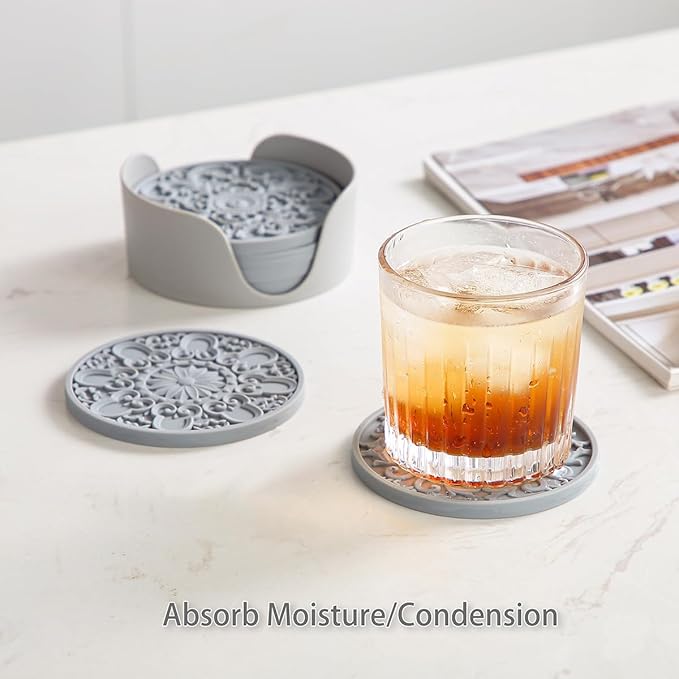 Colinda Silicone Coasters - Set of 6 with Holder, Non-Slip Cup Mats for Hot and Cold Drinks, Decorative Designs, Gift Ready Packaging,Brown