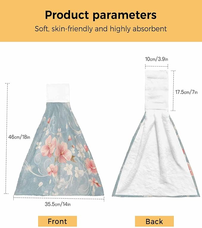 Alandar Home Kitchen Tie Towel Set of 2, Pink Flower Leaves on Blue Linen Absorbent Soft Hand Towels for Bathroom Hanging Towels, Retro Summer Botanical Fast Drying Cleaning Cloth with Loop
