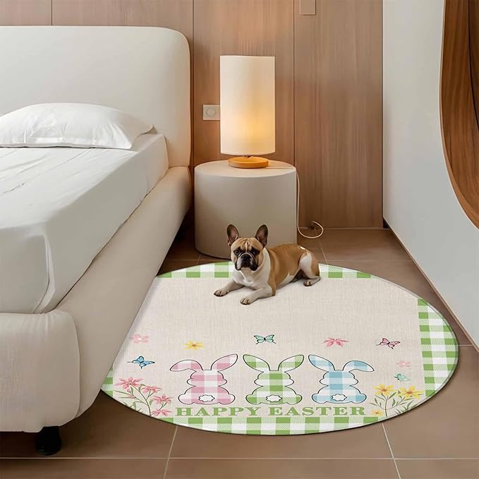 Washable Round Area Rug Happy Easter Bunny Shadow Flowers Circle Rugs Floor Carpet for Living Room Bedroom, Retro Linen Cotton and Grid Soft Non Slip Round Rug 5ft