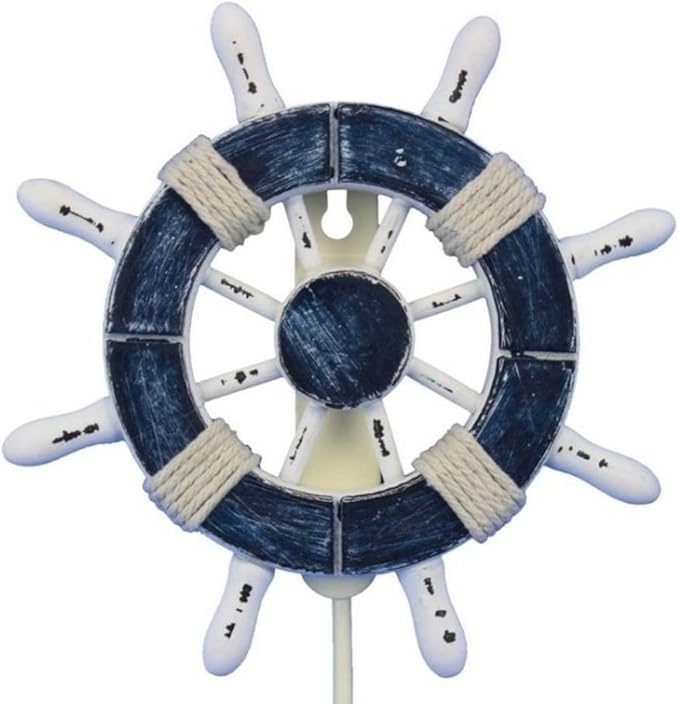Hampton Nautical Wheel-6-108 Rustic Decorative Ship Wheel with Hook, 6", Dark Blue/White