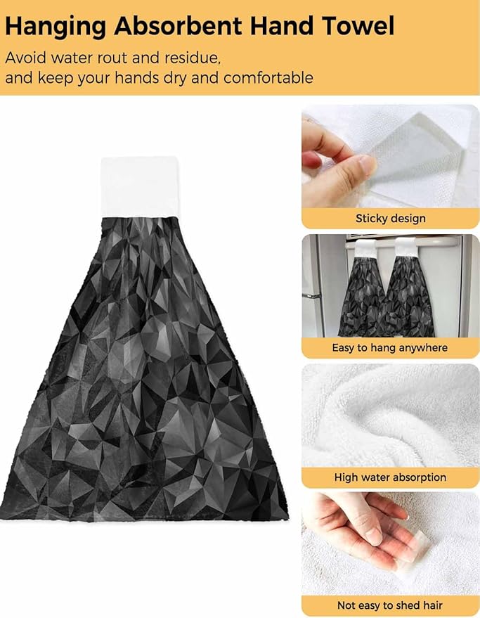 Alandar Home Kitchen Tie Towel Set of 2, Black Geometric Modern Art Absorbent Soft Hand Towels for Bathroom Hanging Towels, Abstract Patterns Seamless Fast Drying Cleaning Cloth with Loop