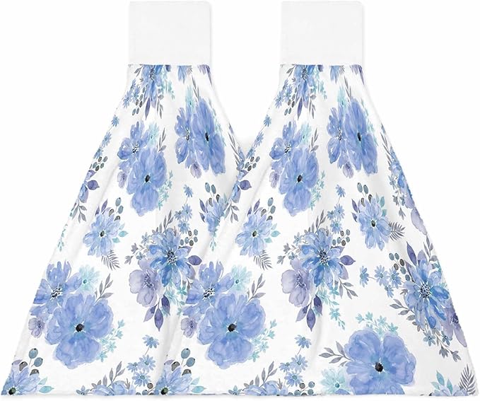 Alandar Home Kitchen Tie Towel Set of 2, Watercolor Spring Flowers Absorbent Soft Hand Towels for Bathroom Hanging Towels, Purple Floral Art Fast Drying Cleaning Cloth with Loop