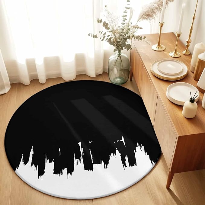 Washable Round Area Rug Abstract Black Graffiti Texture Circle Rugs Floor Carpet for Living Room Bedroom, Modern Minimalist Art Soft Non Slip Round Rug 3ft