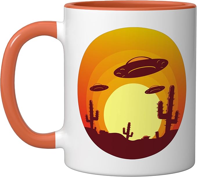 UFO Alien Abduction Conspiracy Vintage Nevada Desert Sunset Ceramic Mug, Orange/White