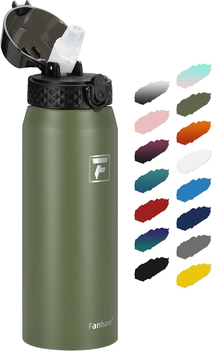 Fanhaw 24 oz Insulated Stainless Steel Water Bottle with Straw Lid, Leakproof & Anti-Dust Sports Bottle for Kids, Women & Men (Olive Green)