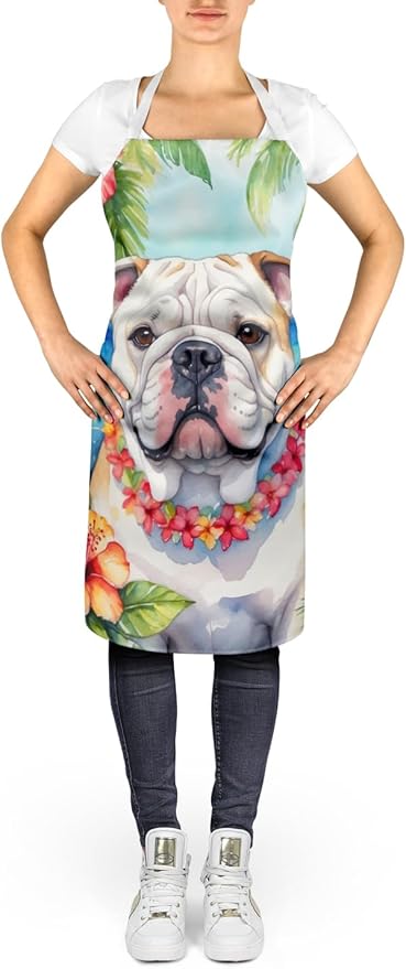 Caroline's Treasures English Bulldog Luau Apron Cooking Kitchen Server Baking Crafts Gardening for Adult Women Men, Unisex, Large, Multicolor