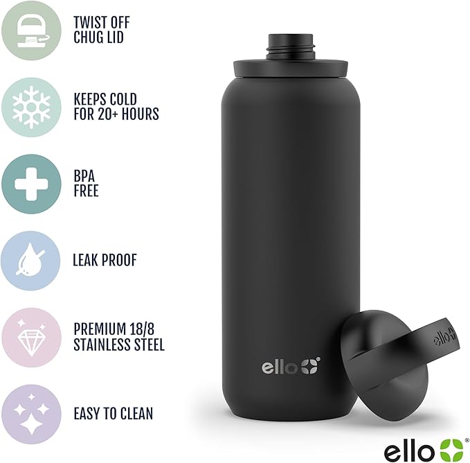 Ello Cooper Twist 22oz Stainless Steel Water Bottle with Chug Lid | Leak Proof Double Walled and Vacuum Insulated | Fits Car Cupholder | Built in Carry Loop | Dishwasher Safe | Halogen Blue